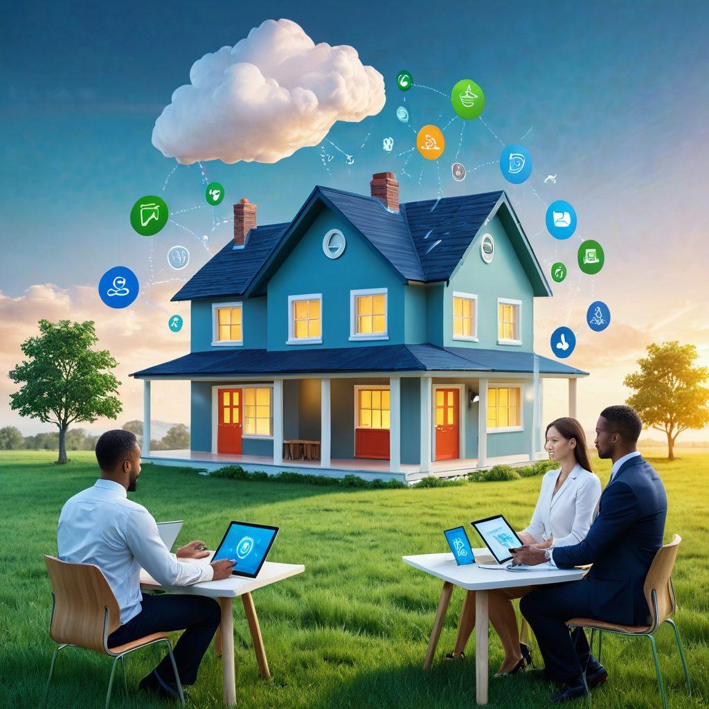 A modern digital landscape filled with abstract representations of insurance policies, such as floating icons of houses, cars, and health symbols. In the foreground, a confident, diverse group of professionals collaborates over a glowing digital tablet, pointing and discussing essential tips. The background features a blend of vibrant blues and greens, symbolizing trust and innovation in the insurance field. super-realistic. vibrant colors. 3D.