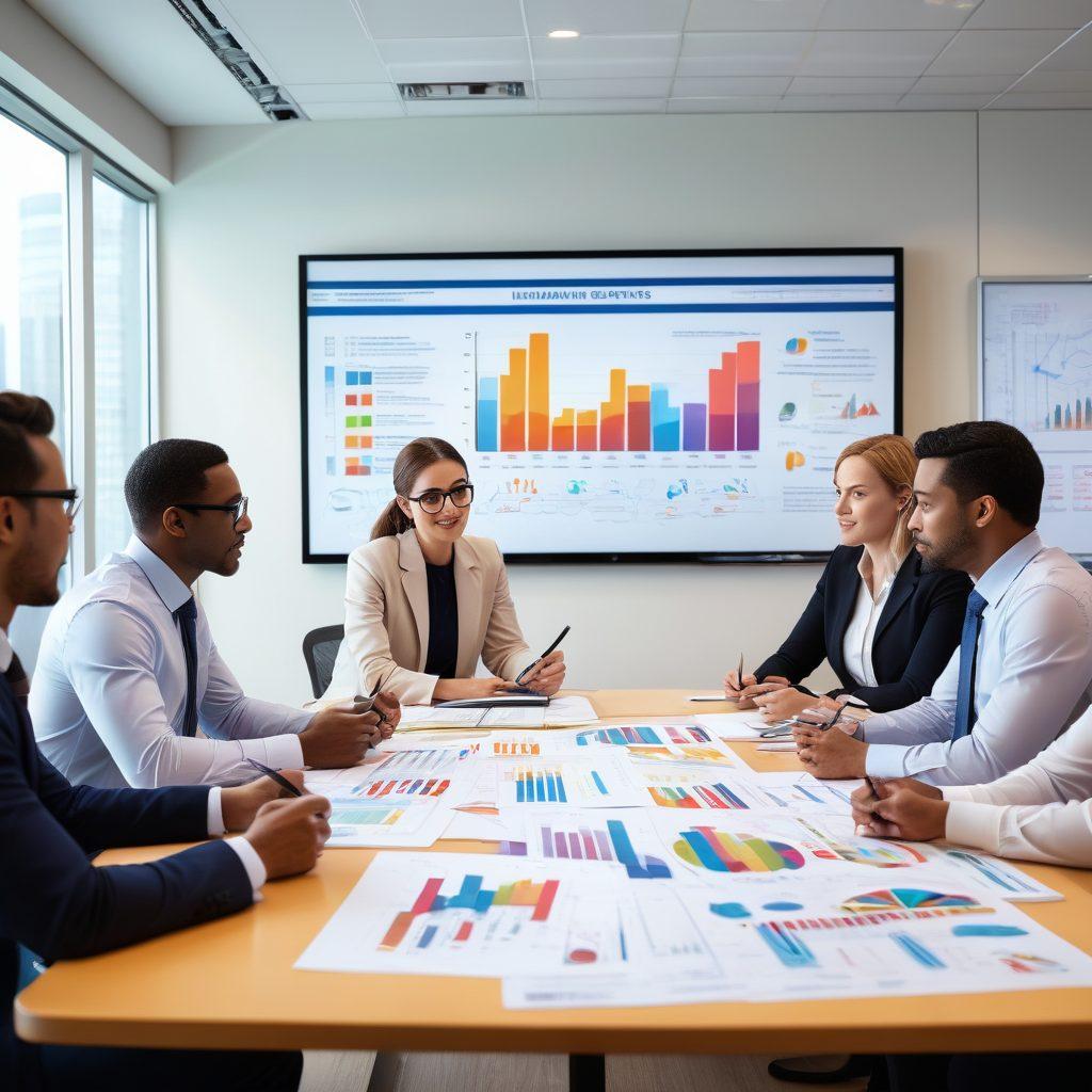 A modern office setting with diverse insurance experts engaged in a lively discussion around a large table filled with charts and documents. In the background, a whiteboard showcasing insightful graphs and statistics about the insurance industry. The atmosphere is collaborative and dynamic, featuring warm lighting and contemporary design elements. super-realistic. vibrant colors. professional ambiance.