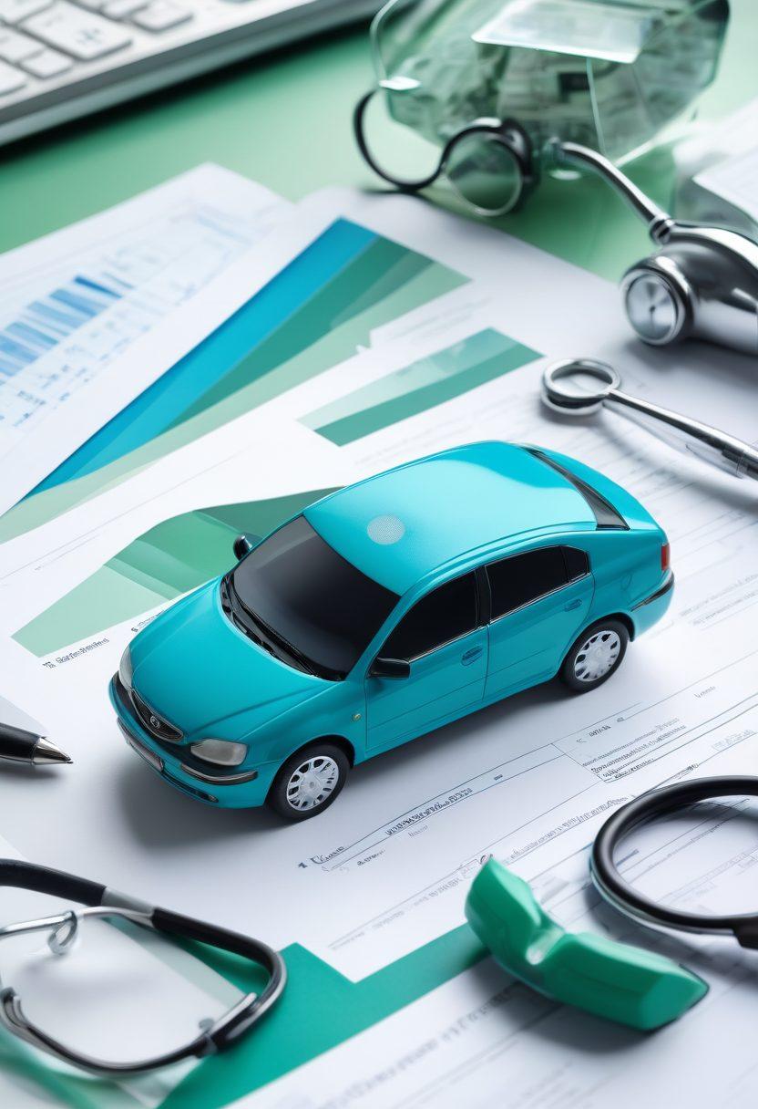 An overlapping collage of various insurance elements including a house, a car, a stethoscope, and a shield symbolizing protection. In the background, a digital device displays an insurance policy interface, with graphs and checklists around it. The color palette should convey trust and clarity with blues and greens. Focus on a seamless, informative feel to aid decision-making. super-realistic. vibrant colors. digital art.